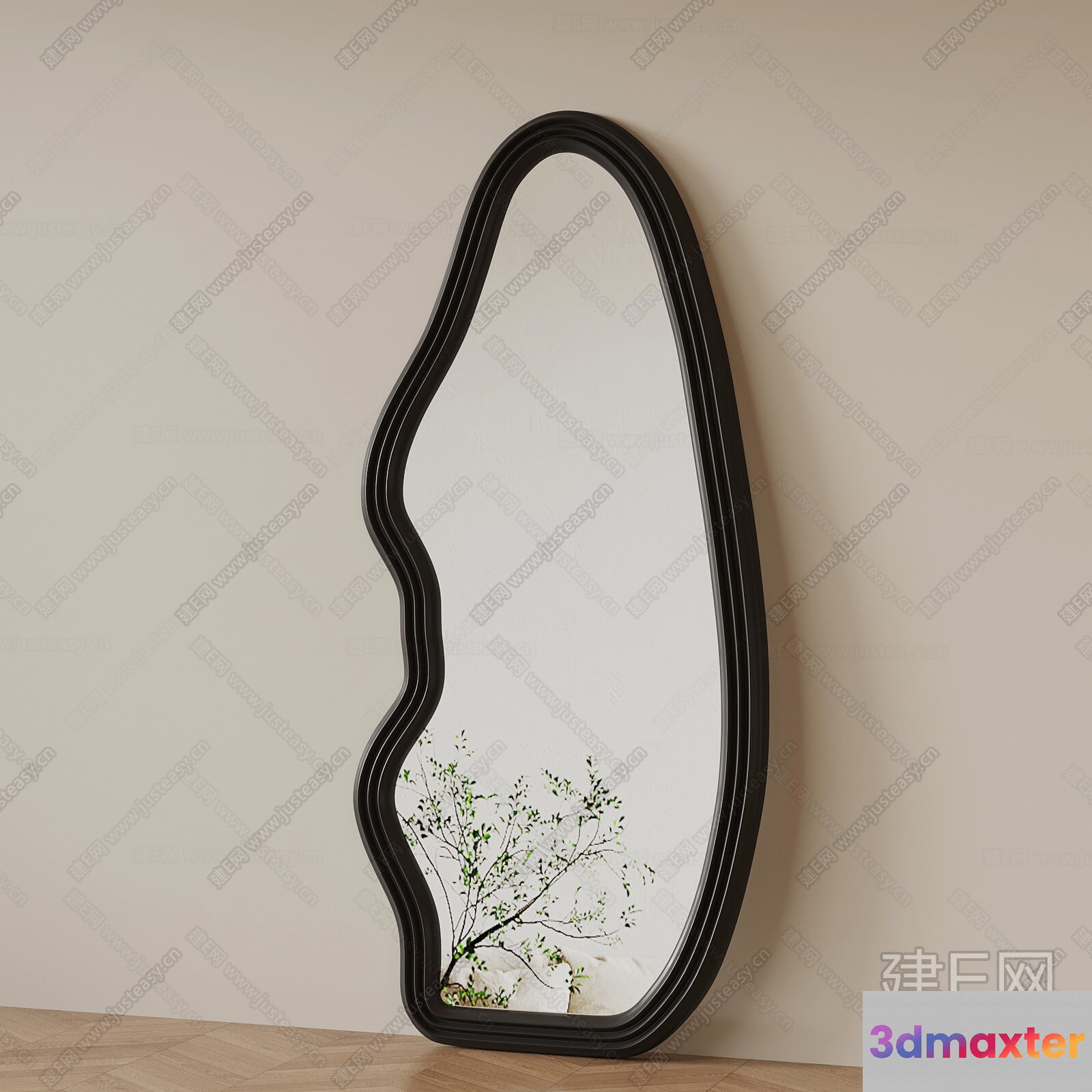 A Black Wavy-Framed Mirror With A Tree Branch Reflection 3D Model - 6053 - VRAY Render