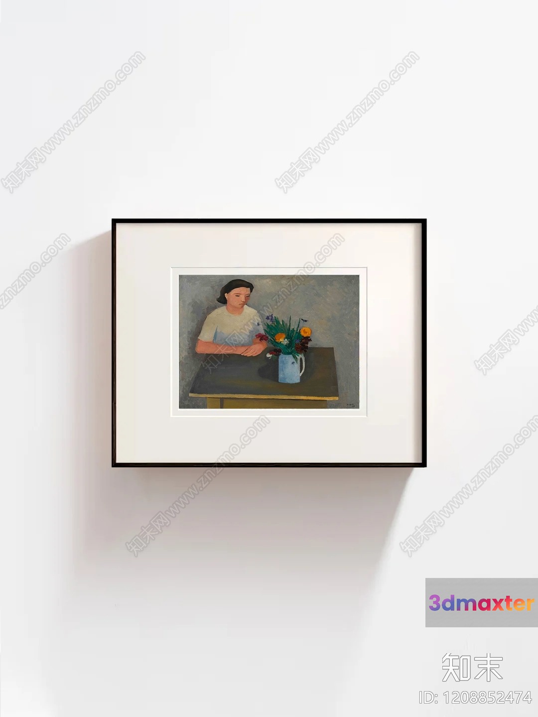 A Framed Painting Of A Woman Sitting At A Table With Flowers 3D Model - 20137 - VRAY Render
