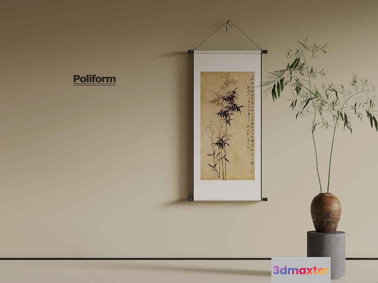 A Minimalist Room With A Hanging Scroll And A Vase 3D Model - 1802 - VRAY Render
