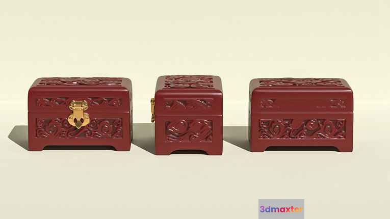 Three Red Chests With Gold Latches 3D Model - 11403 - VRAY Render