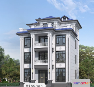 A Large White Building With A Blue Roof 3D Model - 7365 - VRAY Render