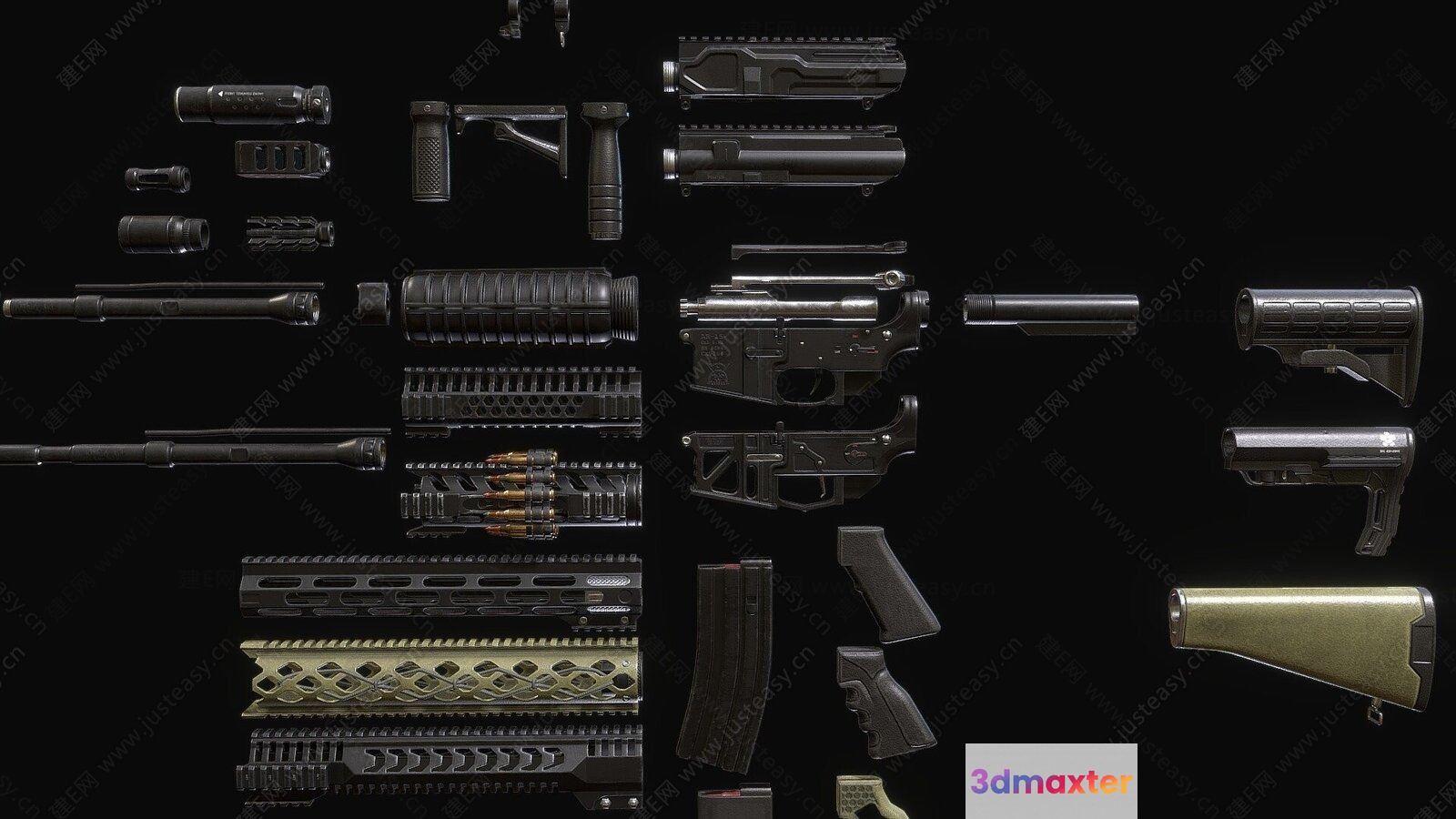 Modern Black Guns 3D Model - 15724 - VRAY Render