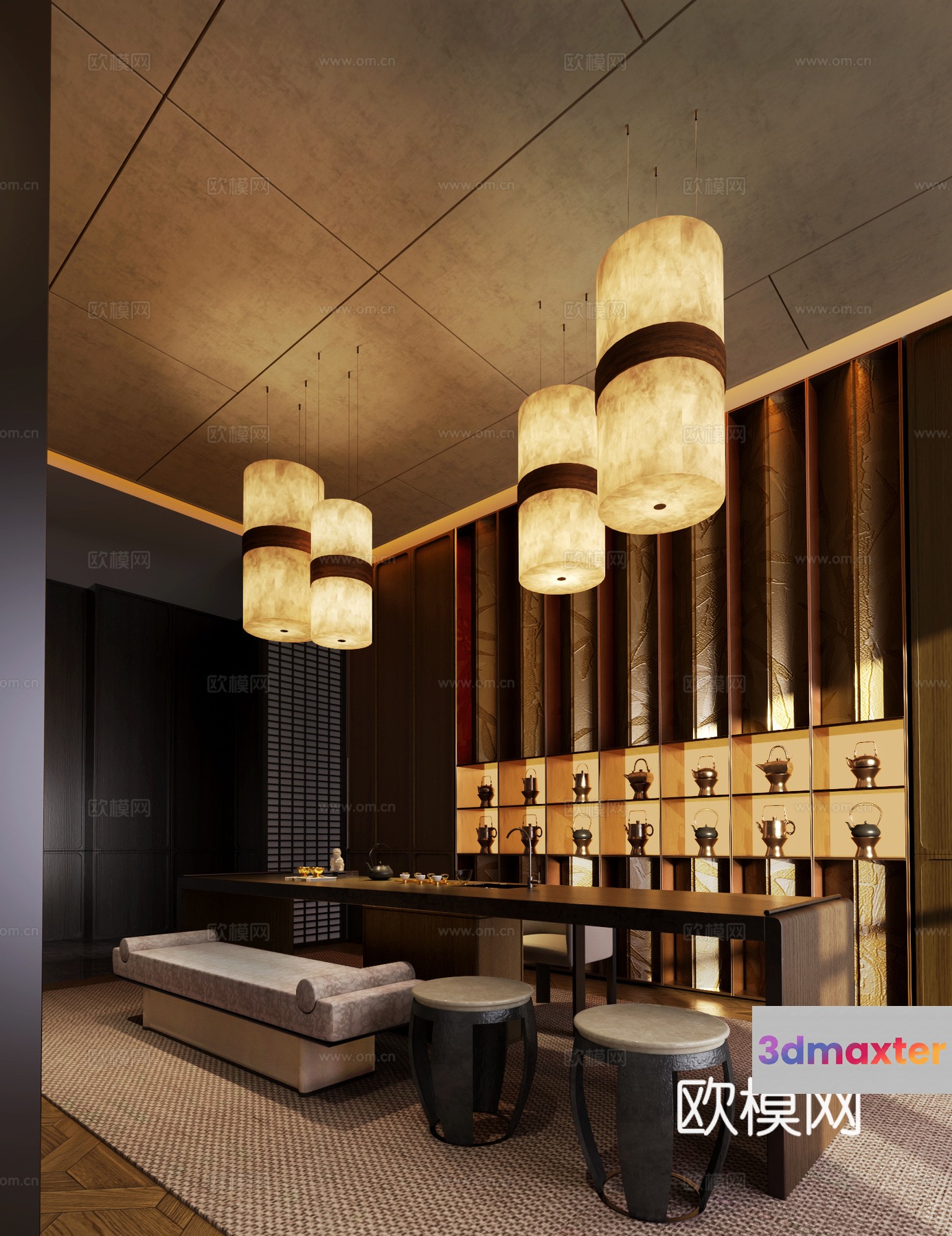 A Large Room With Several Light Fixtures And Seating Areas 3D Model - 2193 - VRAY Render