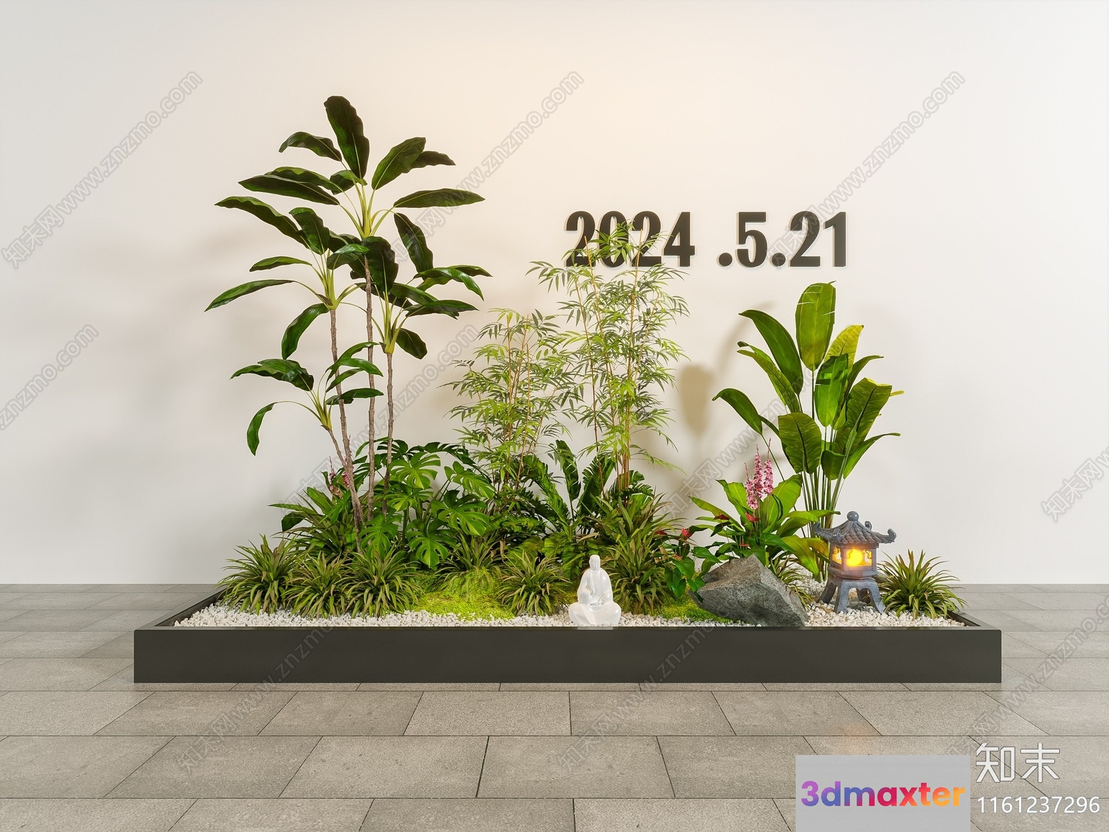 A Zen Garden With A Statue And Plants 3D Model - 16804 - VRAY Render