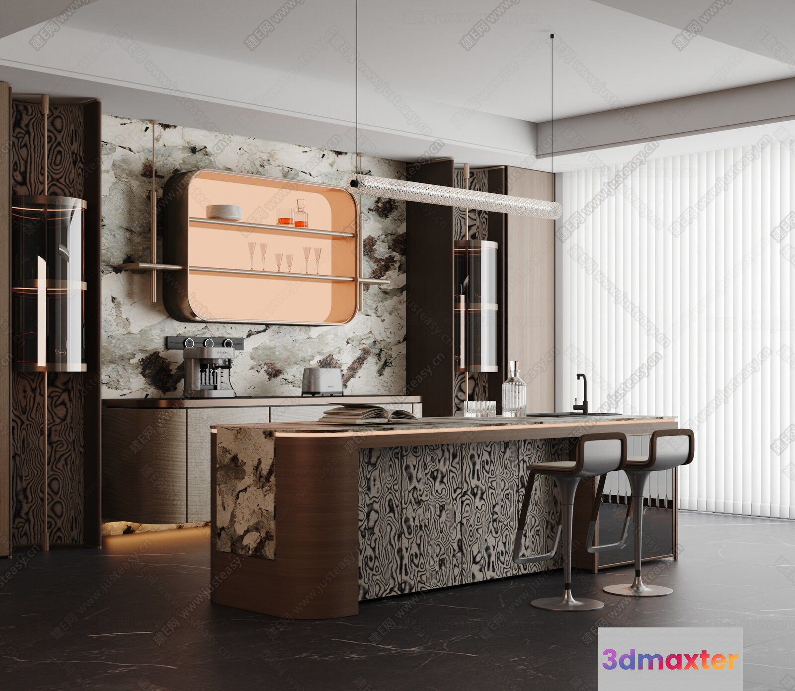 Modern Kitchen With Bar 3D Model - 10004 - VRAY Render