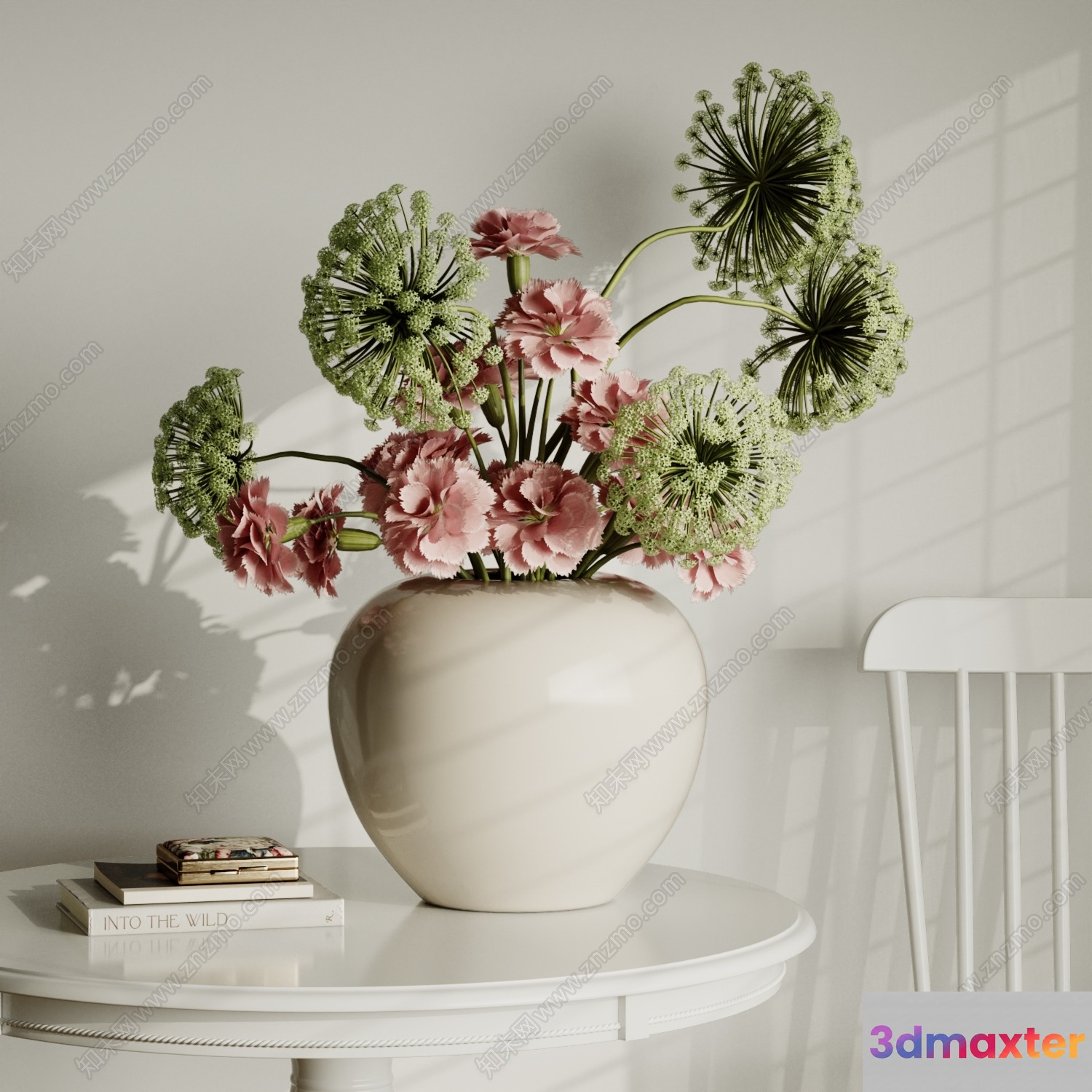 A White Vase With Pink And Green Flowers 3D Model - 6925 - VRAY Render