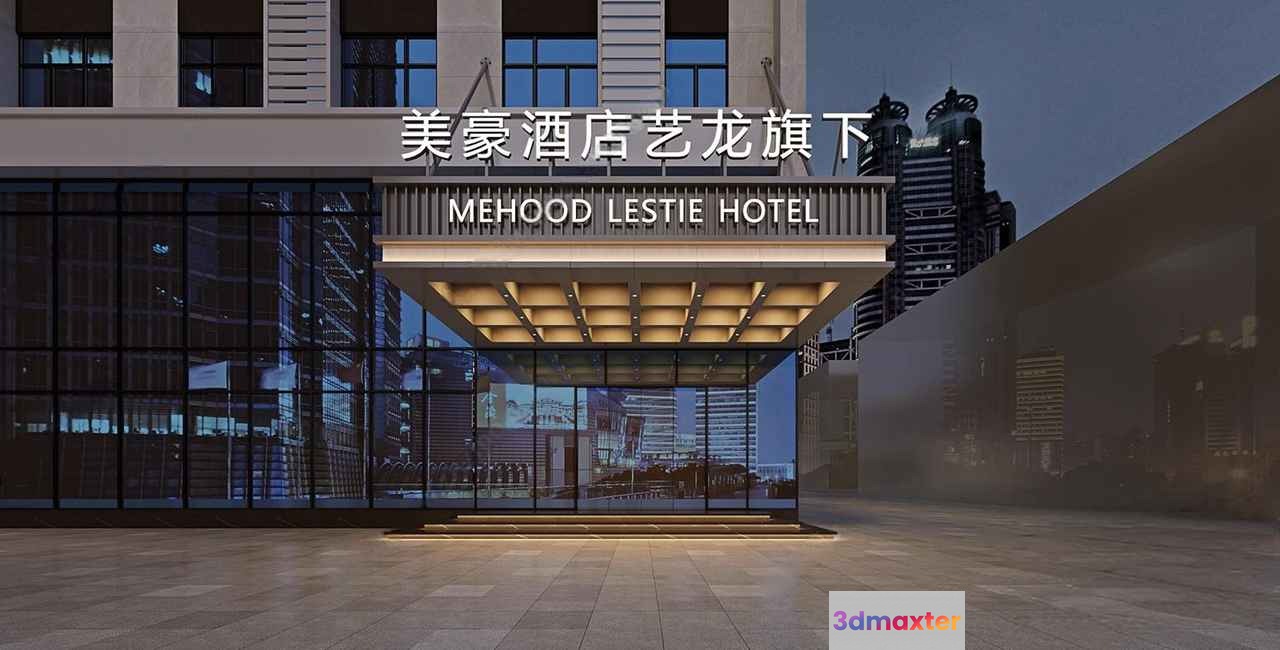 A Hotel Entrance With A Sign 3D Model - 9840 - VRAY Render