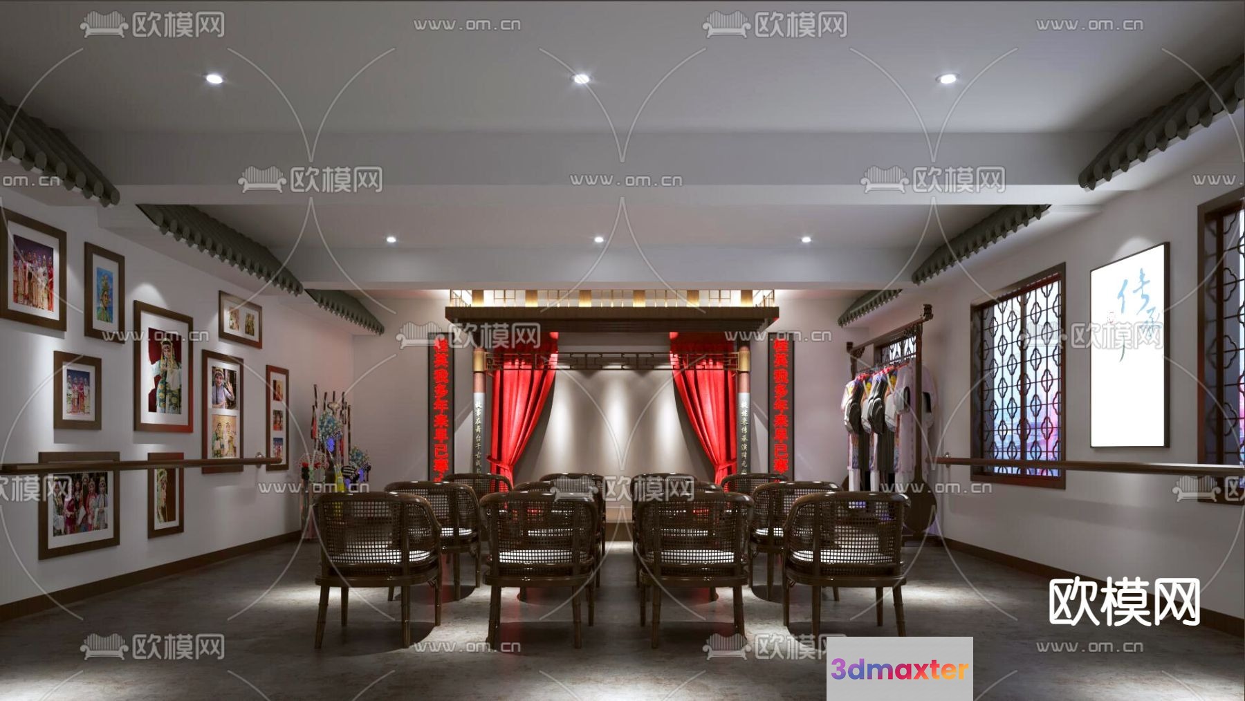 A Chinese-Style Room With Red Curtains 3D Model - 10543 - VRAY Render