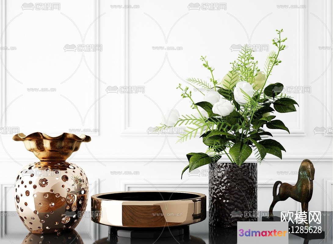 The Image Showcases A Collection Of Decorative Vases And A Bronze Horse Statue 3D Model - 3014 - VRAY Render