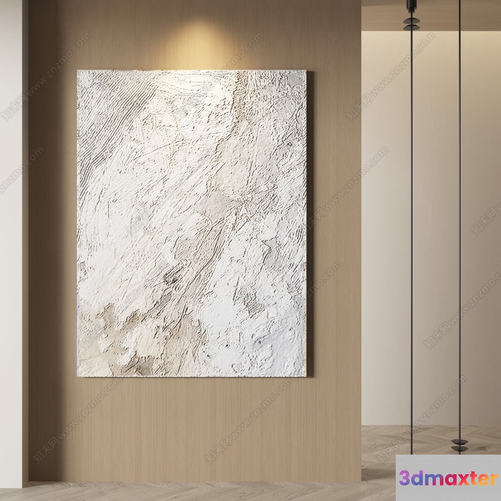 A Textured White Painting Hangs On A Wall Surrounded By A Beige And Brown 3D Model - 20102 - VRAY Render