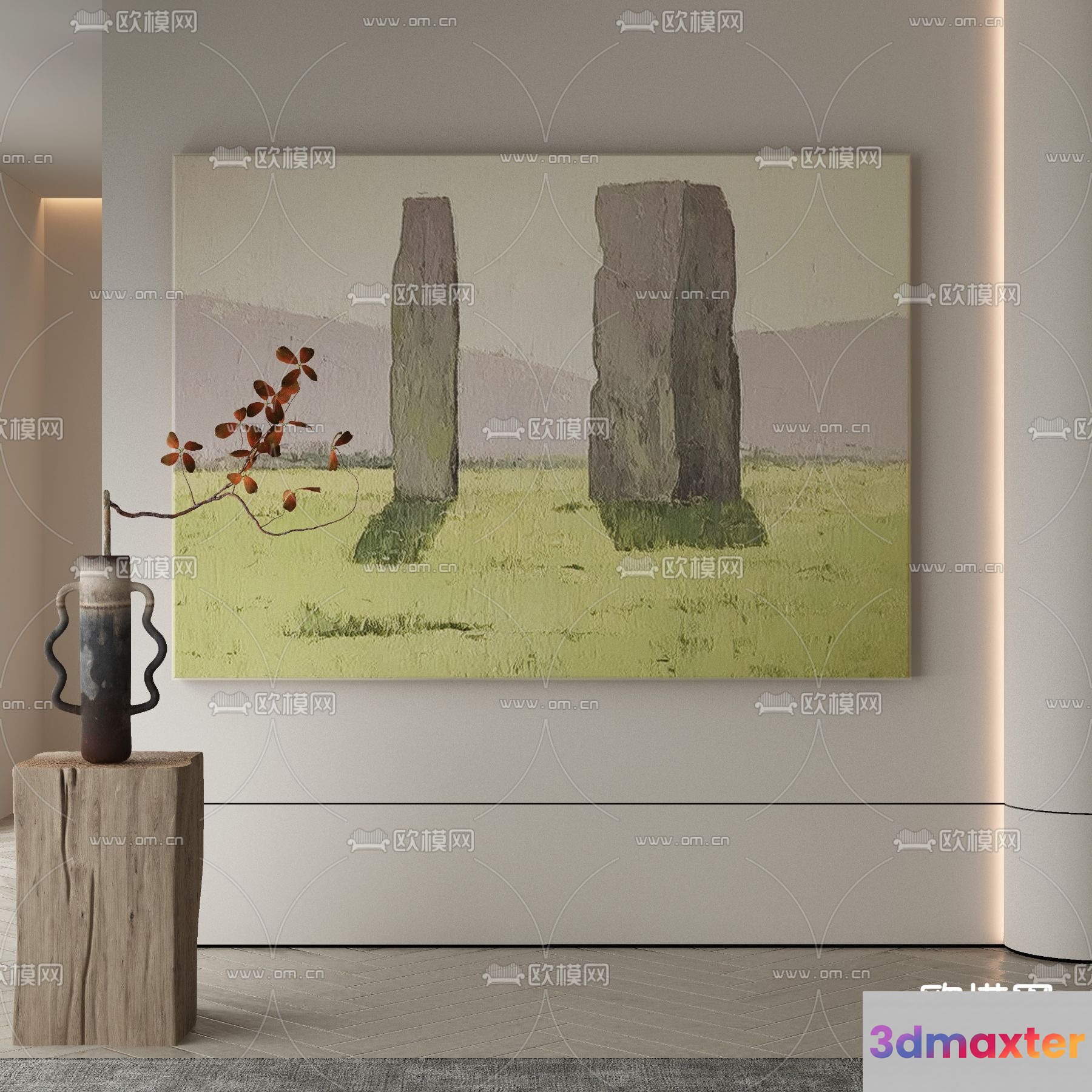 A Painting Of Two Stone Pillars 3D Model - 13629 - VRAY Render