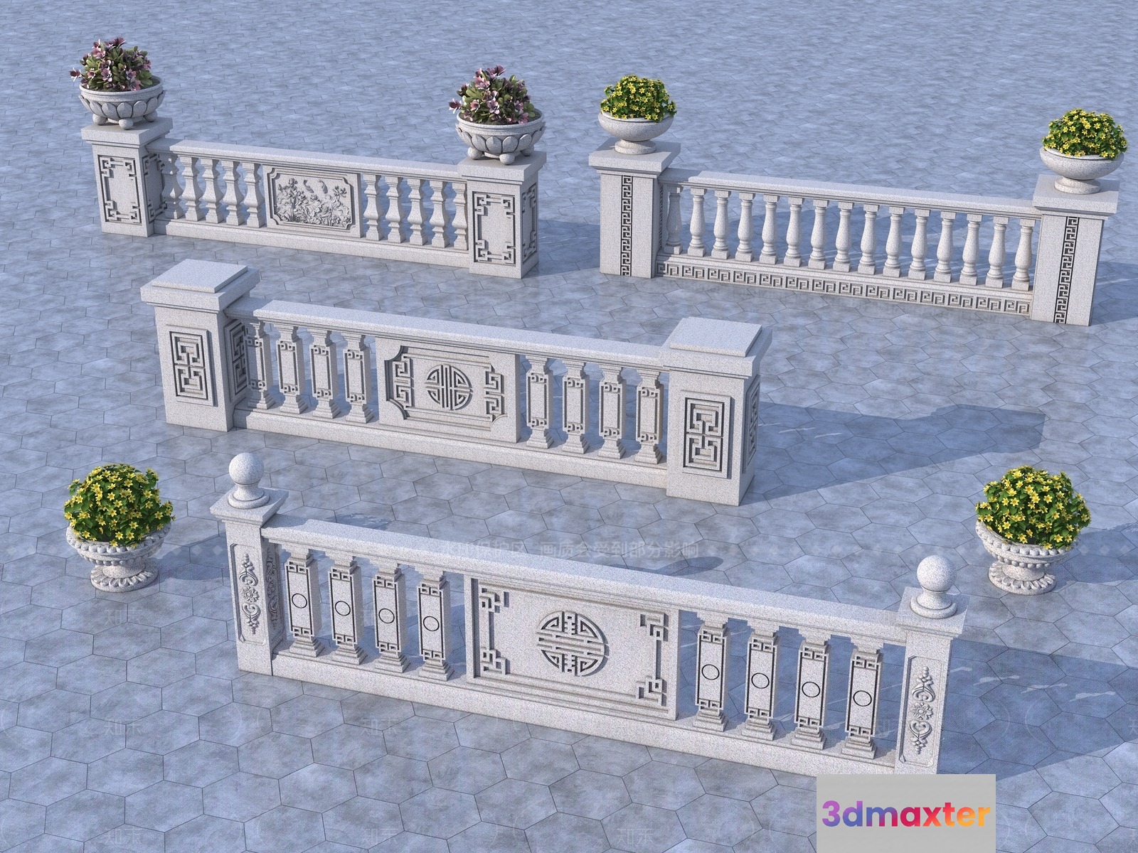 A Set Of White Stone Railings 3D Model - 18048 - VRAY Render