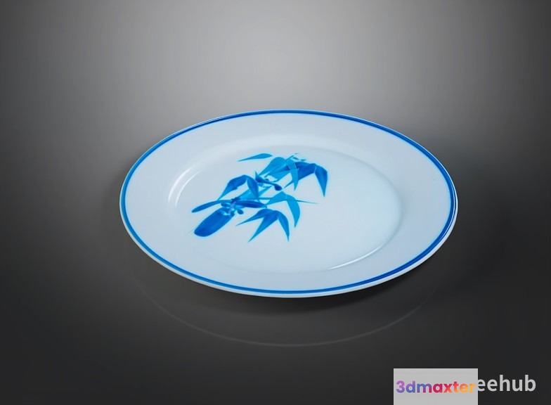 A White Plate With A Blue Rim And A Blue Plant Design 3D Model - 12824 - VRAY Render