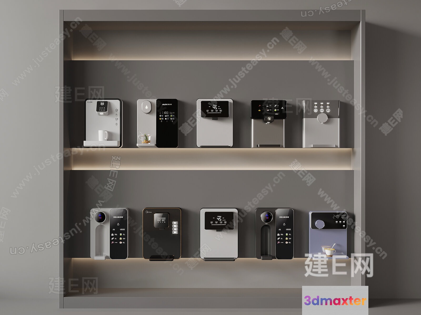 A Shelf With Various Water Dispensers 3D Model - 1008 - VRAY Render