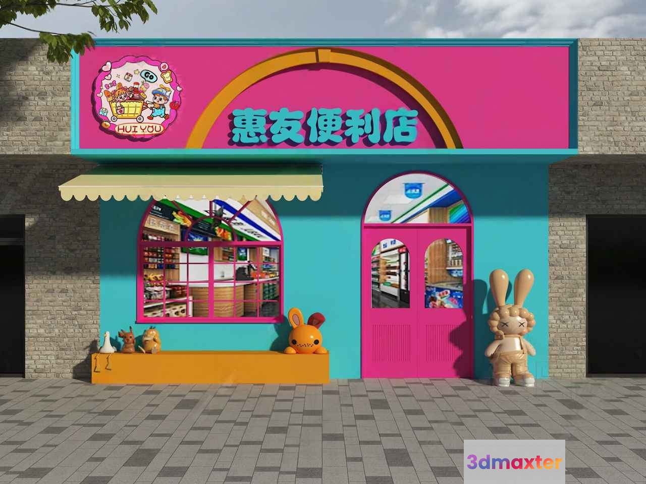 A Storefront With A Bright Pink Sign 3D Model - 20395 - VRAY Render
