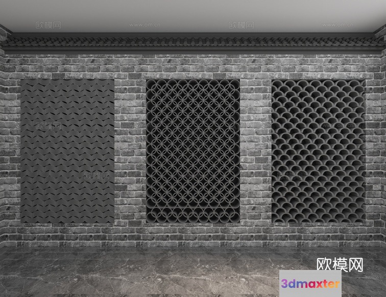 A Decorative Brick Wall With Three Patterns 3D Model - 2182 - VRAY Render