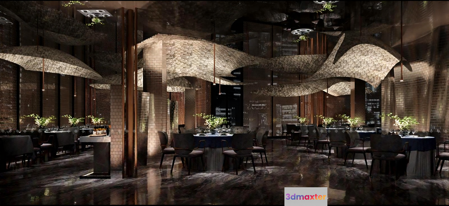 A Dimly Lit Restaurant Interior 3D Model - 1341 - VRAY Render