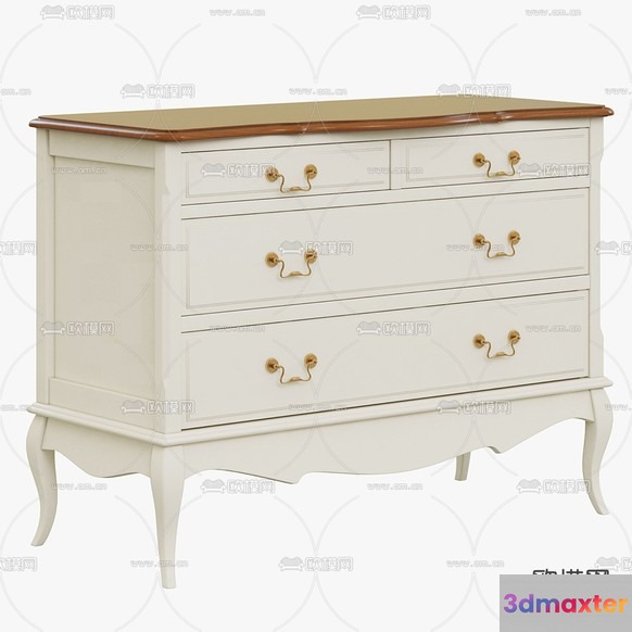 A White Dresser With Gold Handles 3D Model - 23110 - VRAY Render