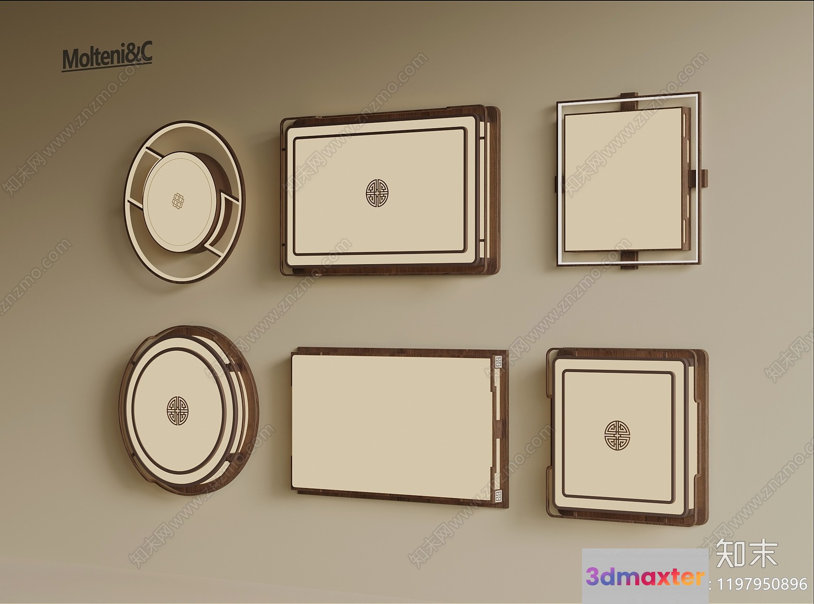 The Main Subject Is A Set Of Decorative Wall Plates With A Brown And Cream 3D Model - 18470 - VRAY Render