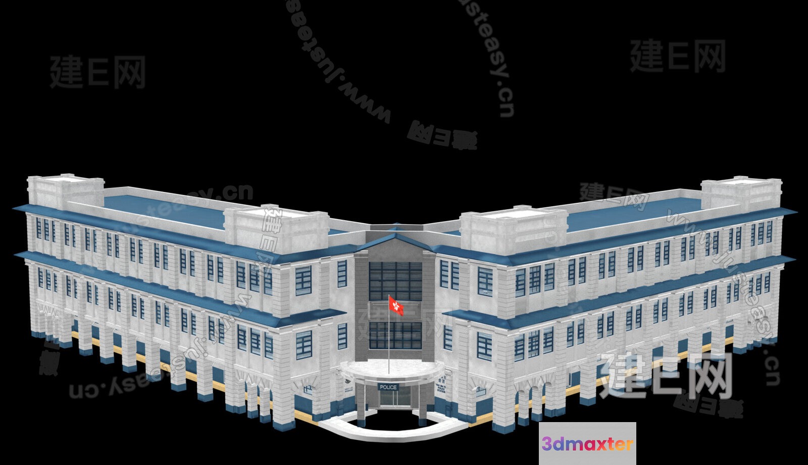 A Large White Building With A Blue Roof 3D Model - 1286 - VRAY Render