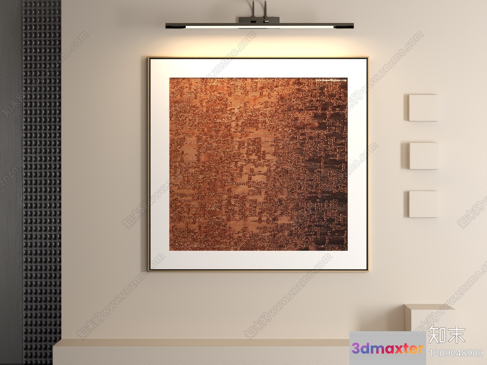 A Wall With A Framed Picture A Light Fixture And 3D Model - 18632 - VRAY Render