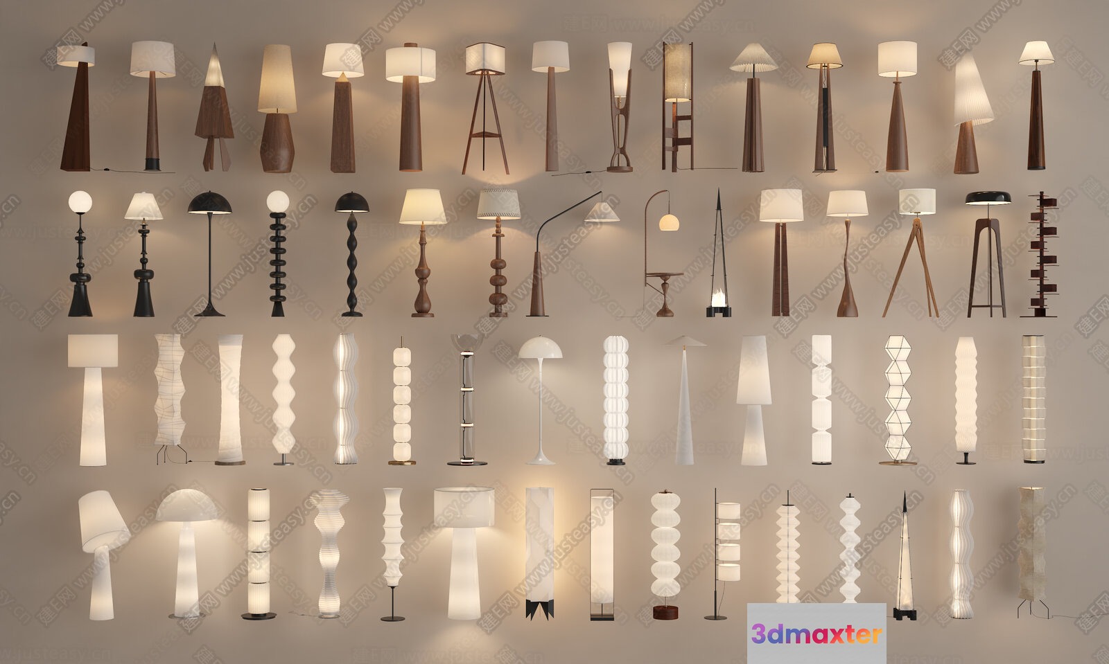 The Image Showcases A Collection Of Floor Lamps Each With A Unique Design And 3D Model - 11109 - VRAY Render
