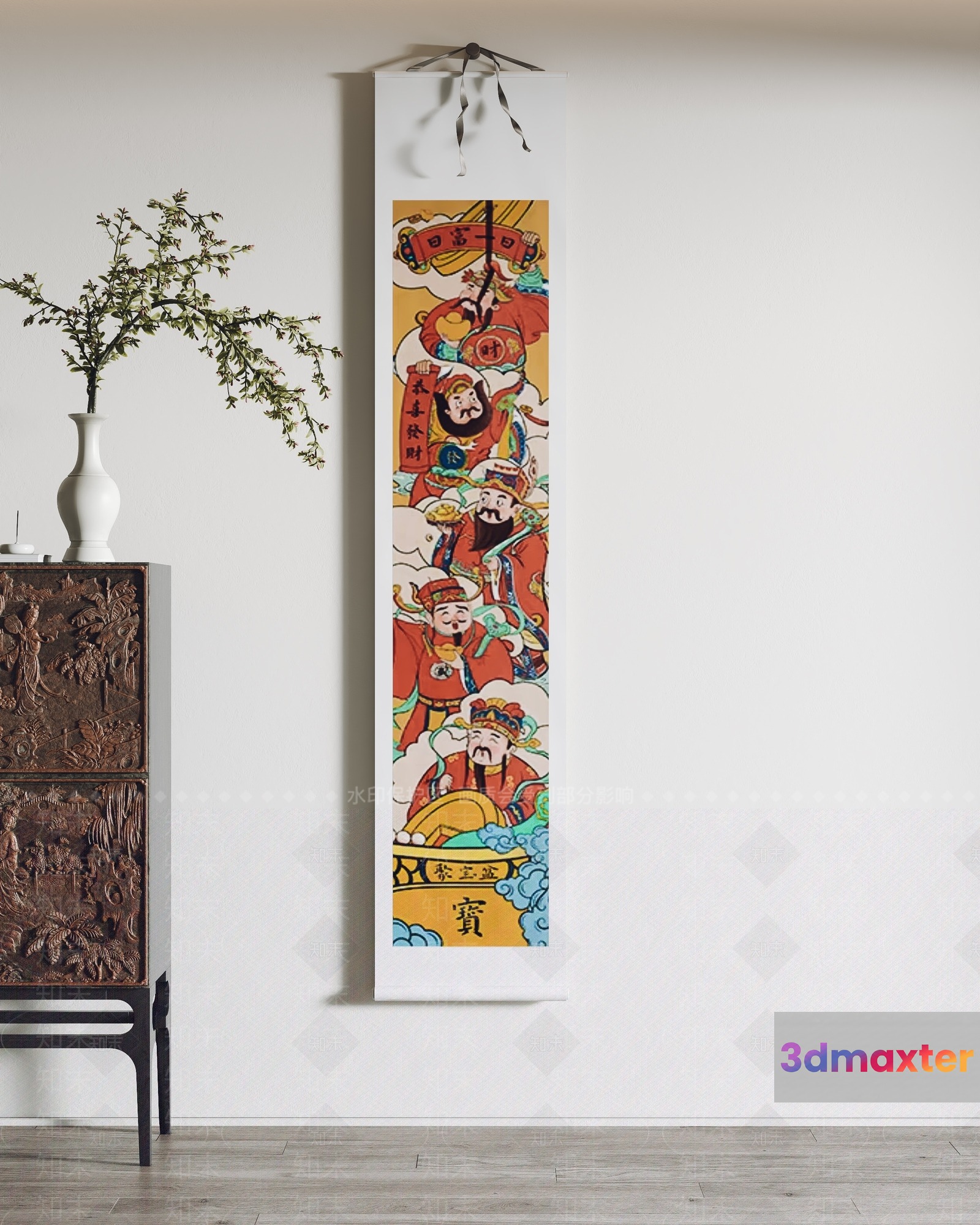 A Colorful Asian-Style Scroll Hangs On A Wall 3D Model - 20736 - VRAY Render