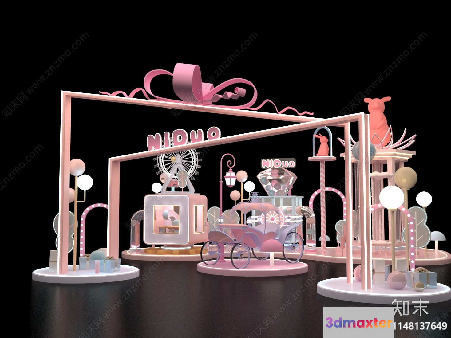 A Pink And White Stage With Various Objects Including A Car 3D Model - 8553 - VRAY Render
