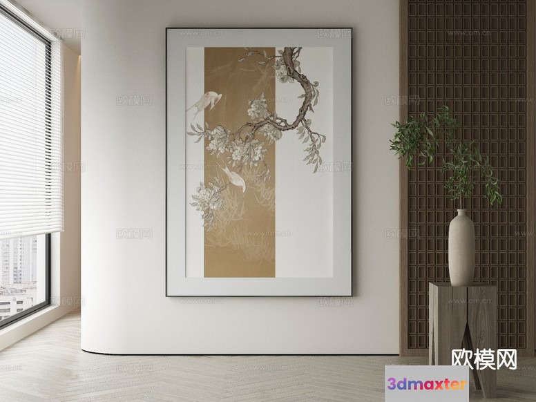 A Painting With A Bird And Tree Design 3D Model - 21025 - VRAY Render