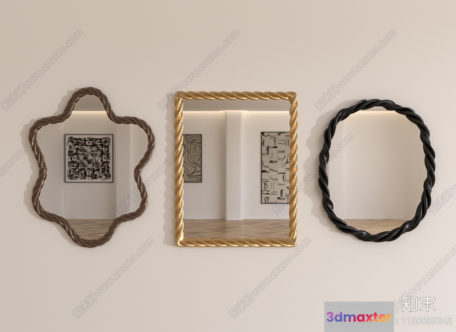 Gold Mirror With A Twisted Frame 3D Model - 10126 - VRAY Render