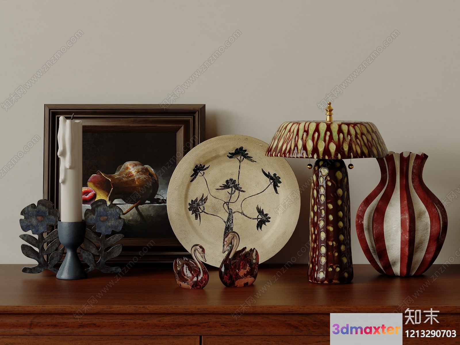 A Collection Of Decorative Items On A Wooden Surface 3D Model - 21003 - VRAY Render