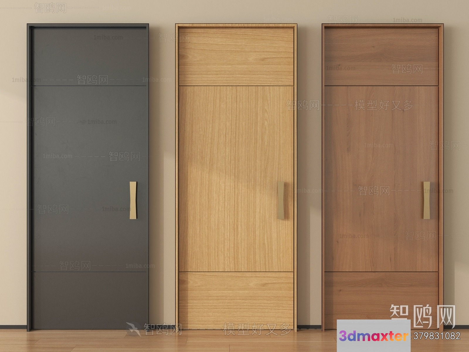 Three Wooden Doors With Gold Handles 3D Model - 10091 - VRAY Render