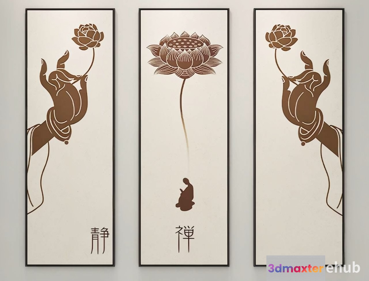A Triptych Of Beige And Brown Artwork 3D Model - 22901 - VRAY Render