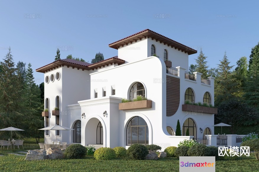 The Main Subject Is A Large White Building With Brown Accents 3D Model - 18457 - CORONA Render