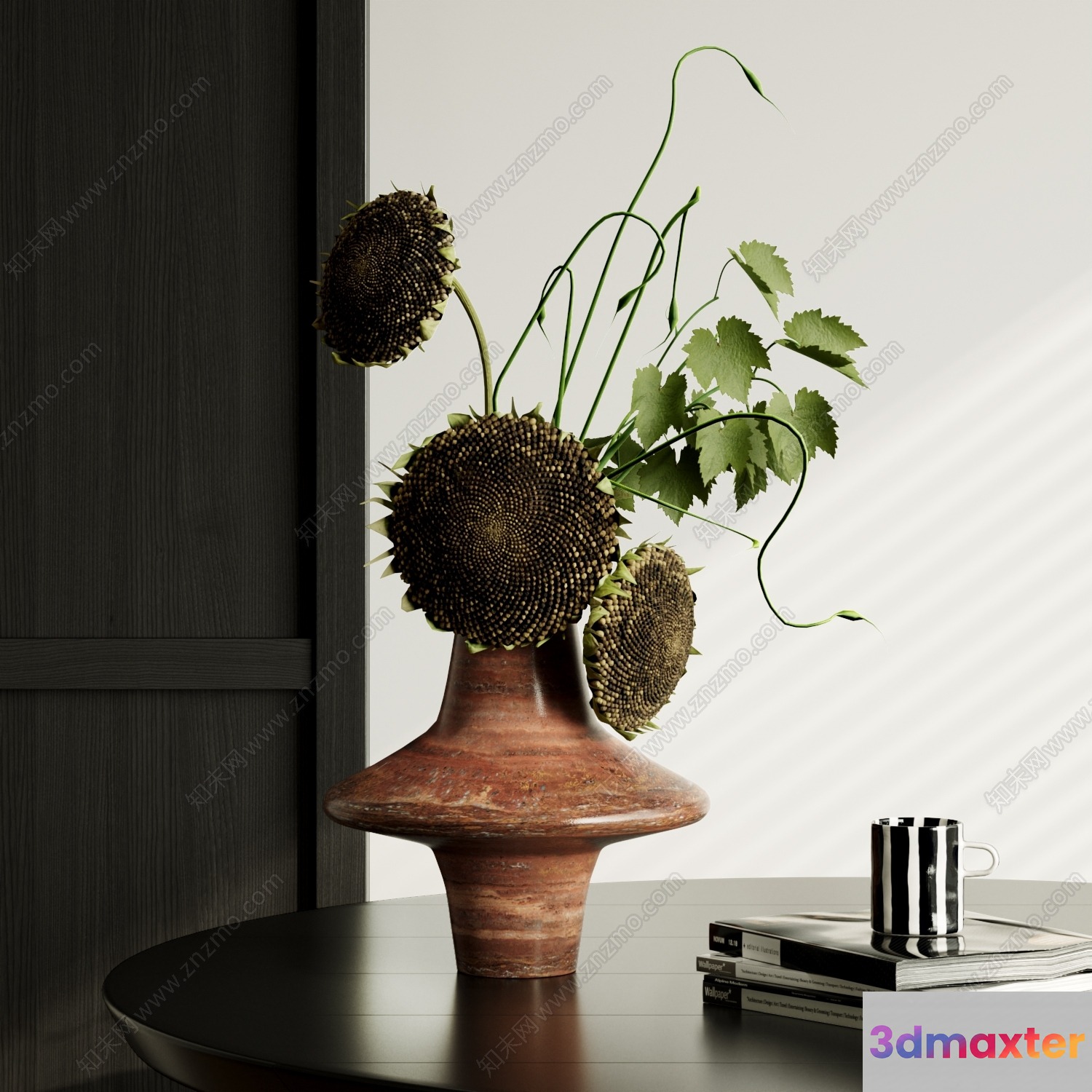 A Vase With Sunflowers And Greenery On A Table 3D Model - 16886 - VRAY Render