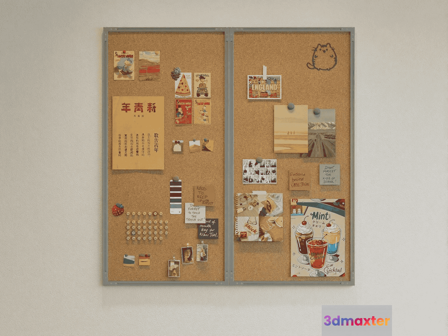 A Bulletin Board With Various Items Pinned To It 3D Model - 14277 - VRAY Render