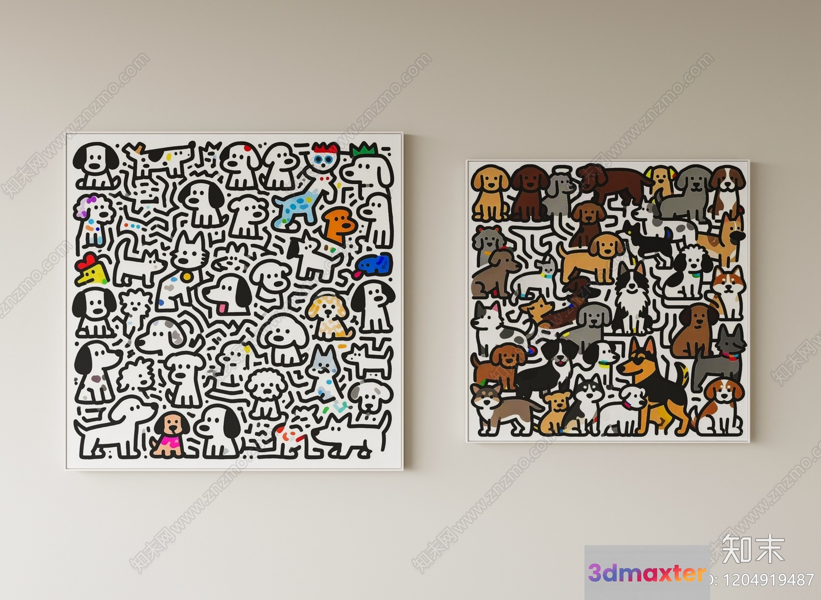 Two Cartoon Dog Paintings On The Wall 3D Model - 9860 - VRAY Render