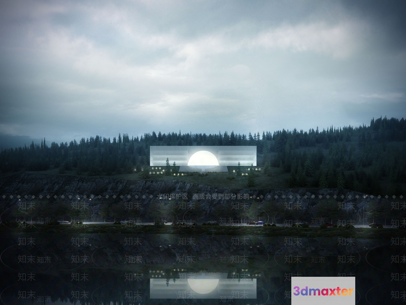 A Serene Landscape With A Large White Sun Surrounded By Trees And A Road 3D Model - 17124 - VRAY Render