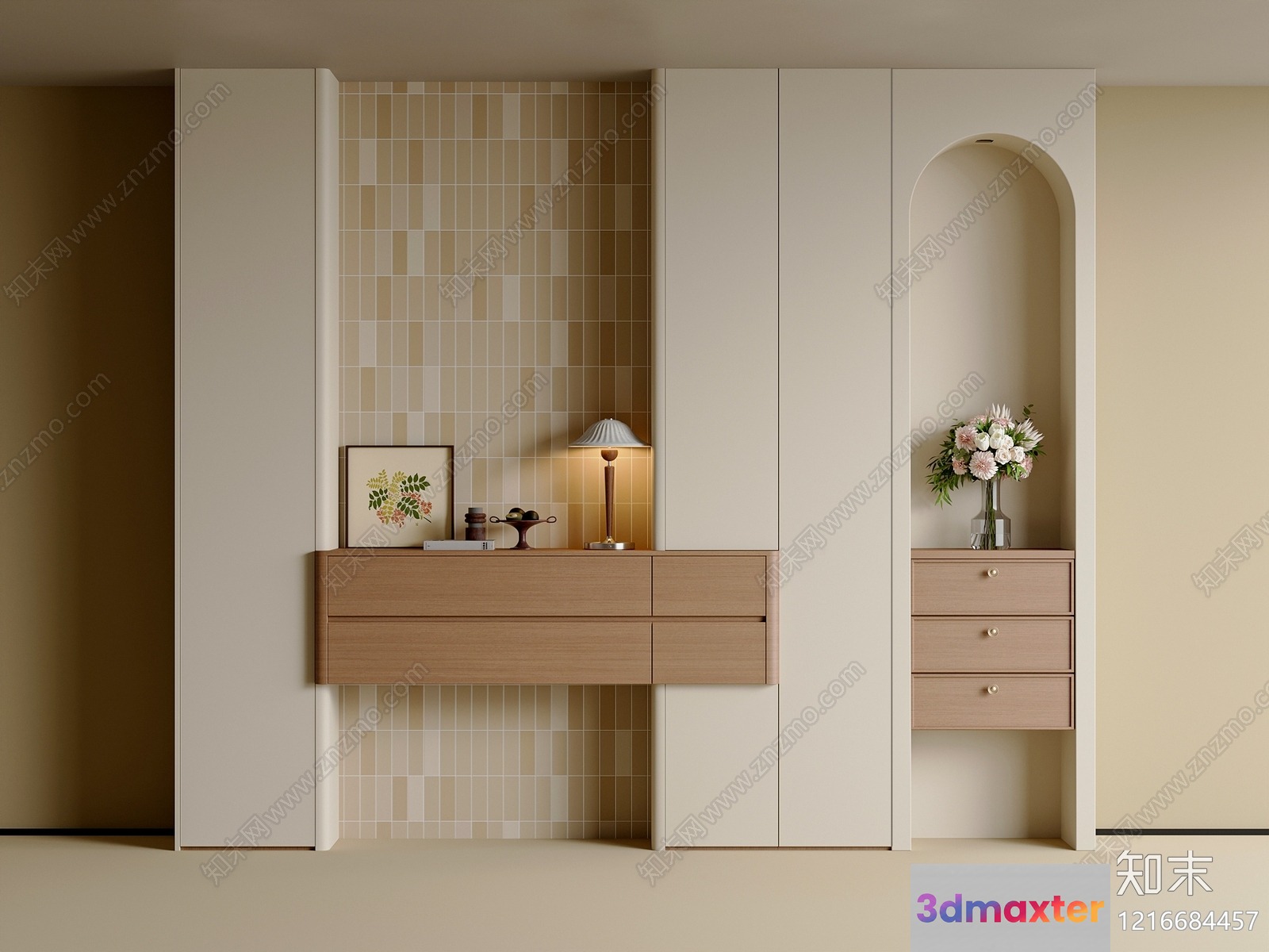 Modern Beige Wall With Cabinets And Drawers 3D Model - 15333 - VRAY Render