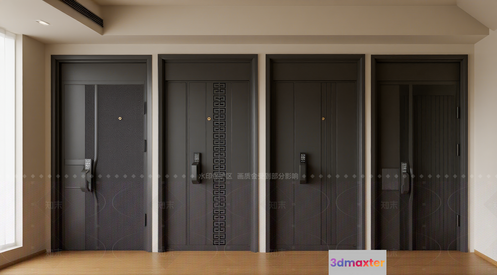 A Row Of Black Doors 3D Model - 2009 - VRAY Render