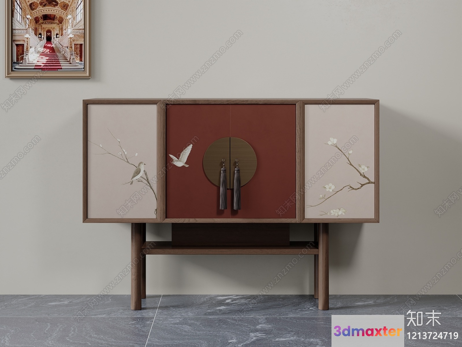 A Wooden Cabinet With A Red Door 3D Model - 10627 - VRAY Render