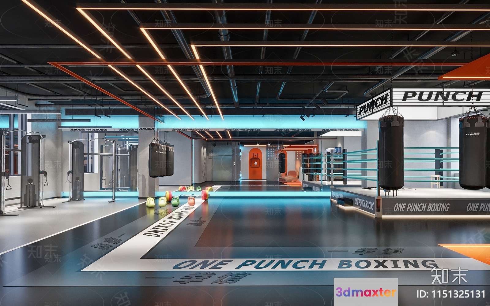 A Large Room With A Boxing Ring And Punching Bags 3D Model - 20707 - VRAY Render