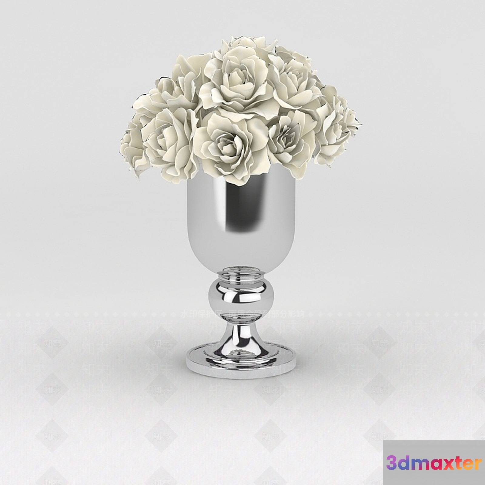 A Silver Vase With White Roses 3D Model - 12270 - VRAY Render