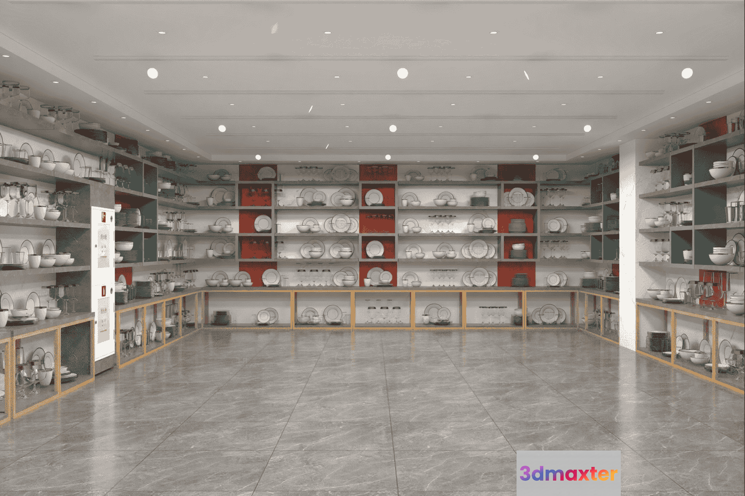 A Large Empty Room With Shelves Full Of Dishes 3D Model - 11081 - VRAY Render