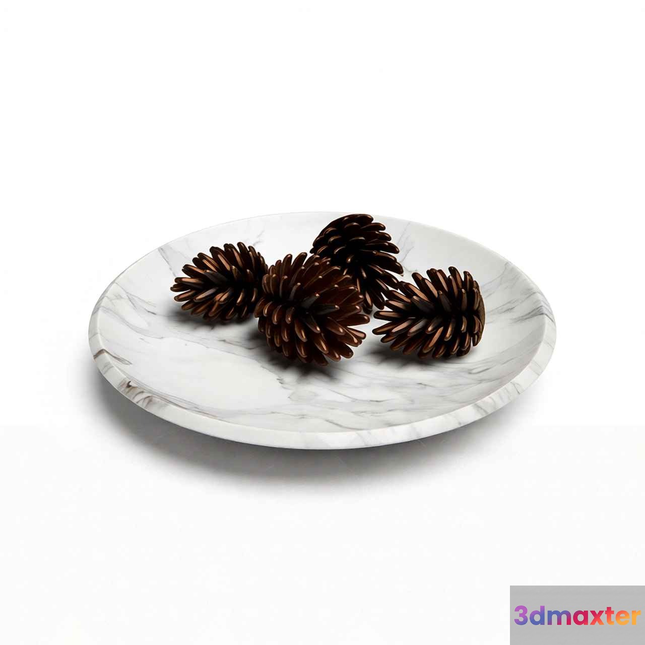 White Marble Plate With Pine Cones 3D Model - 6154 - VRAY Render
