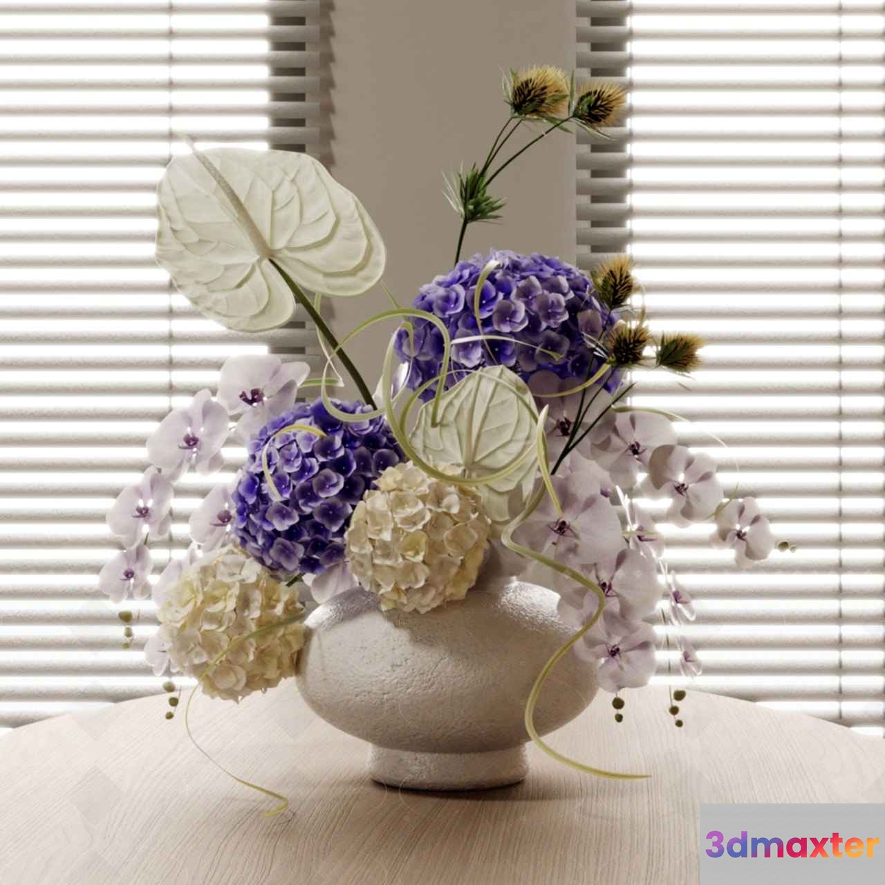 A White Vase With Purple And White Flowers 3D Model - 920 - VRAY Render