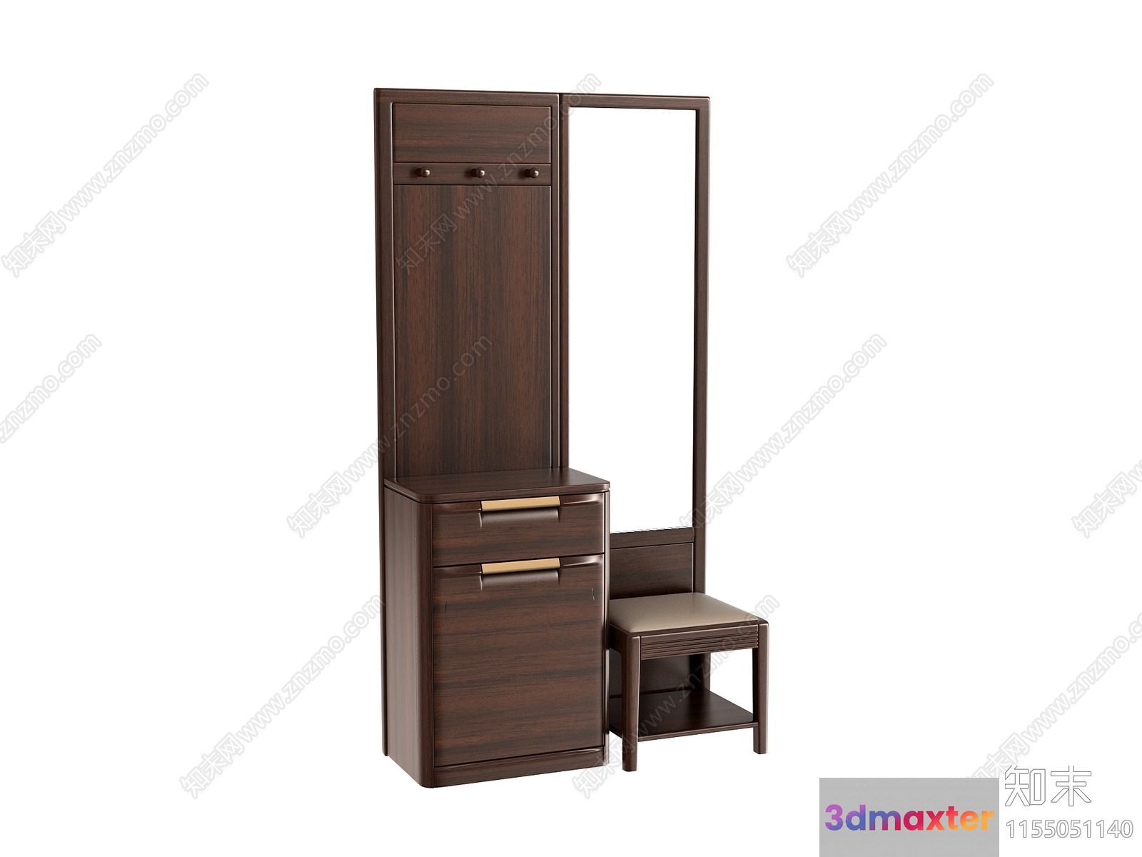 A Dark Brown Wooden Dresser With A Mirror And A Small Chair 3D Model - 14977 - VRAY Render