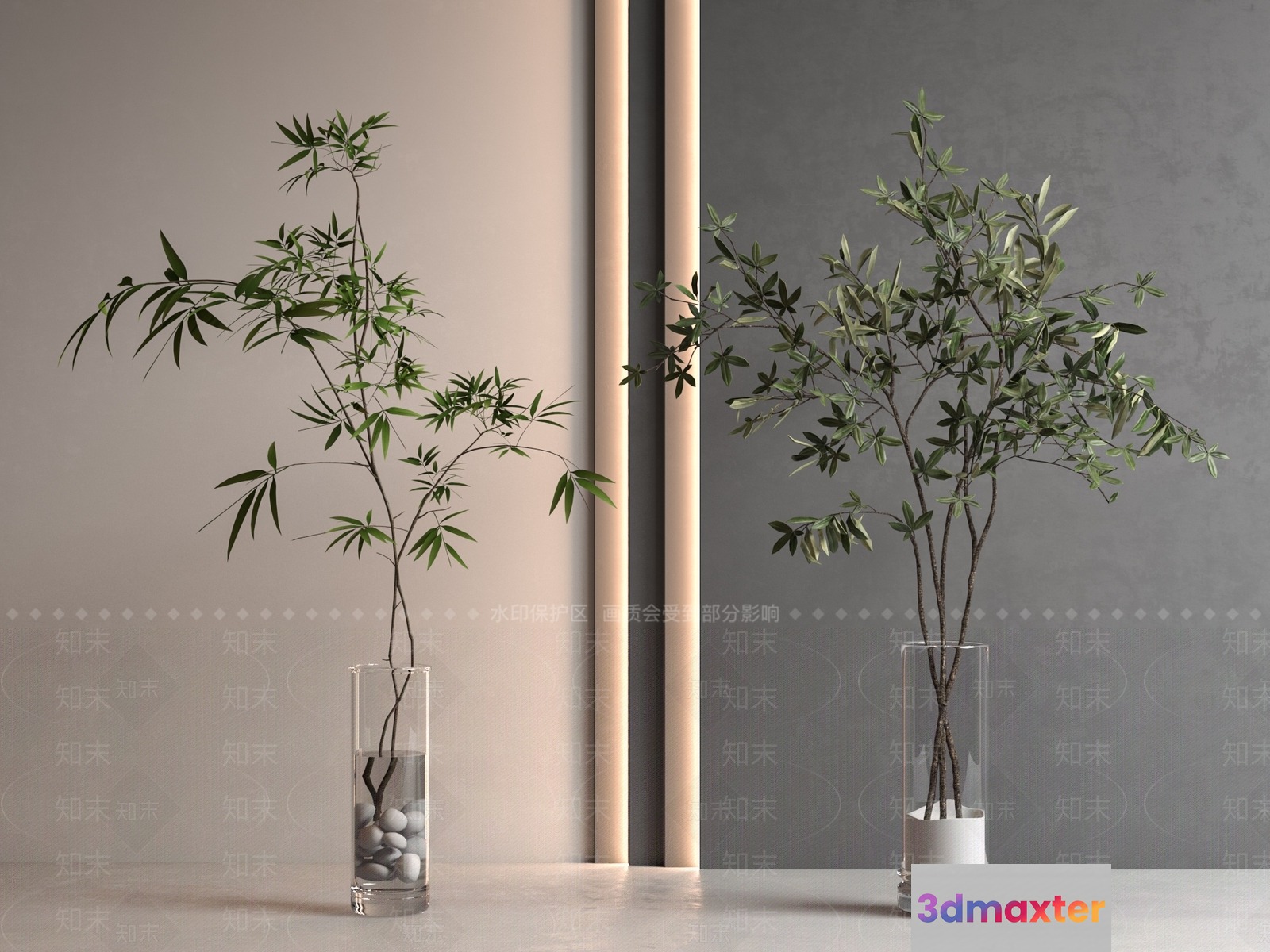 Two Potted Plants In Glass Vases 3D Model - 1630 - VRAY Render