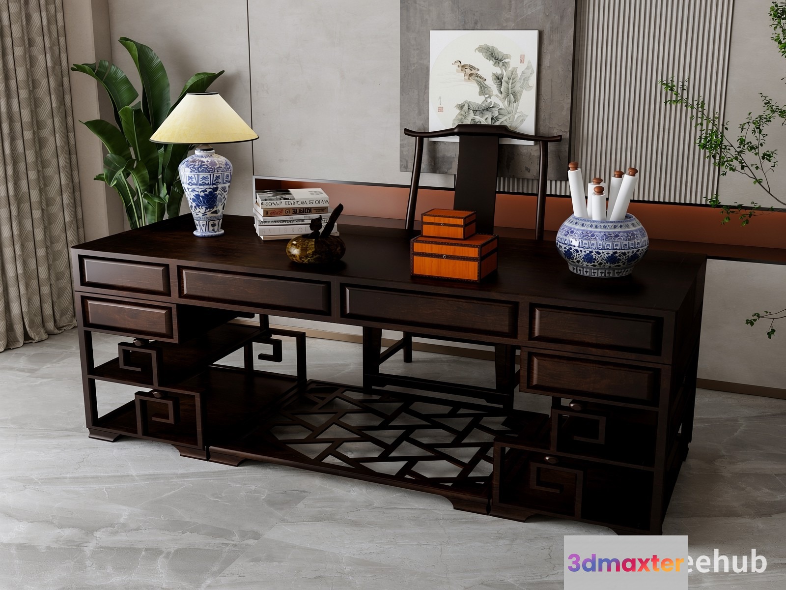 A Dark Wood Desk With Asian-Inspired Decor 3D Model - 22030 - VRAY Render