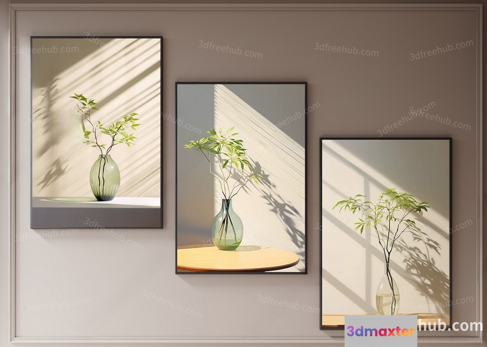 A Collection Of Three Framed Pictures Each Featuring A Vase With Plants 3D Model - 3502 - VRAY Render